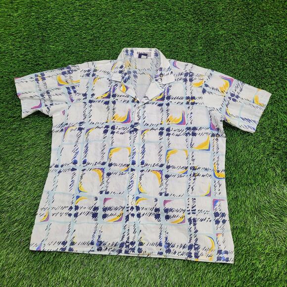 Vintage 80s Abstract Hippie Button Shirt Large 23x28 Blue Groovy - Picture 1 of 11